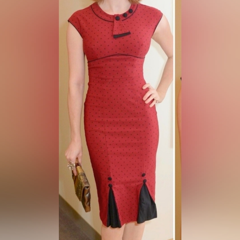 Stop Staring Bombshell Retro Wiggle Dress Red W/ Bkack Polka Dots Size S, NWOT